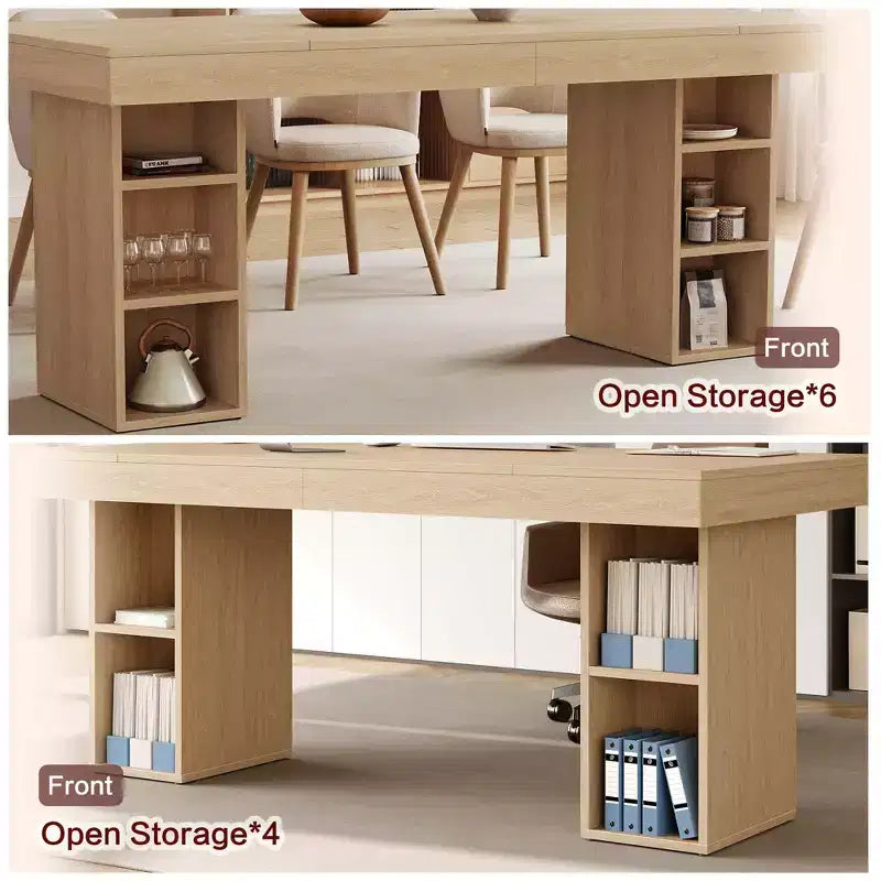 Table de salle à manger rectangulaire en bois à double piédestal pour 6 personnes, table de cuisine spacieuse avec rangement double face, table de salle à manger robuste pour la maison ou le bureau