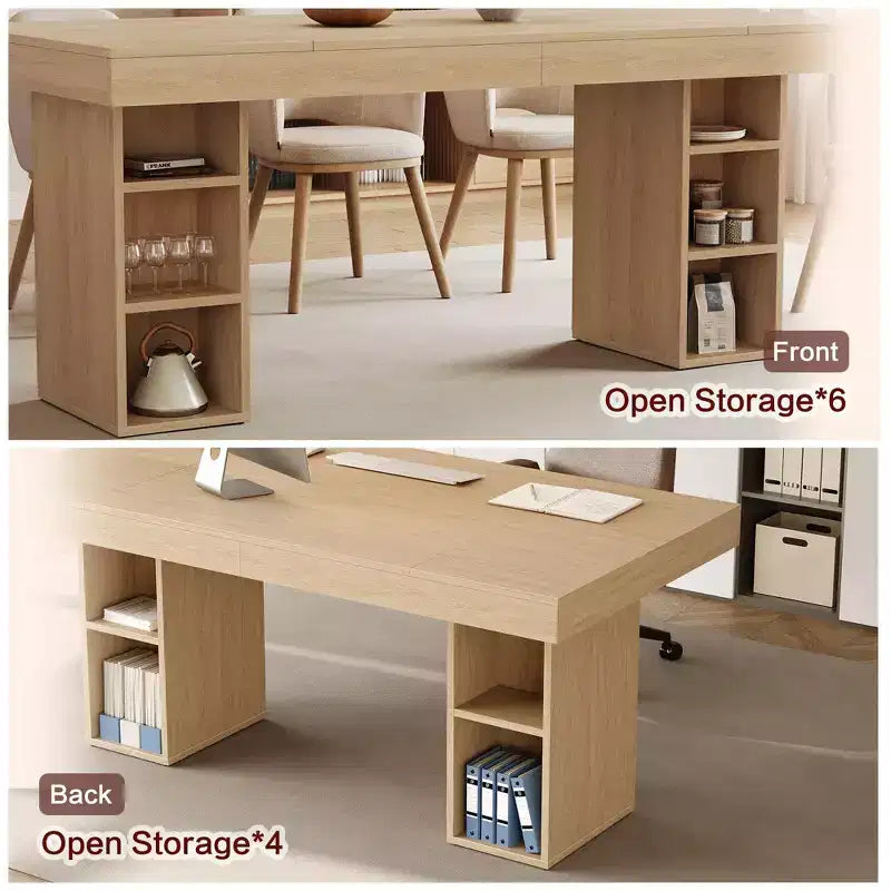Table de salle à manger rectangulaire en bois à double piédestal pour 6 personnes, table de cuisine spacieuse avec rangement double face, table de salle à manger robuste pour la maison ou le bureau