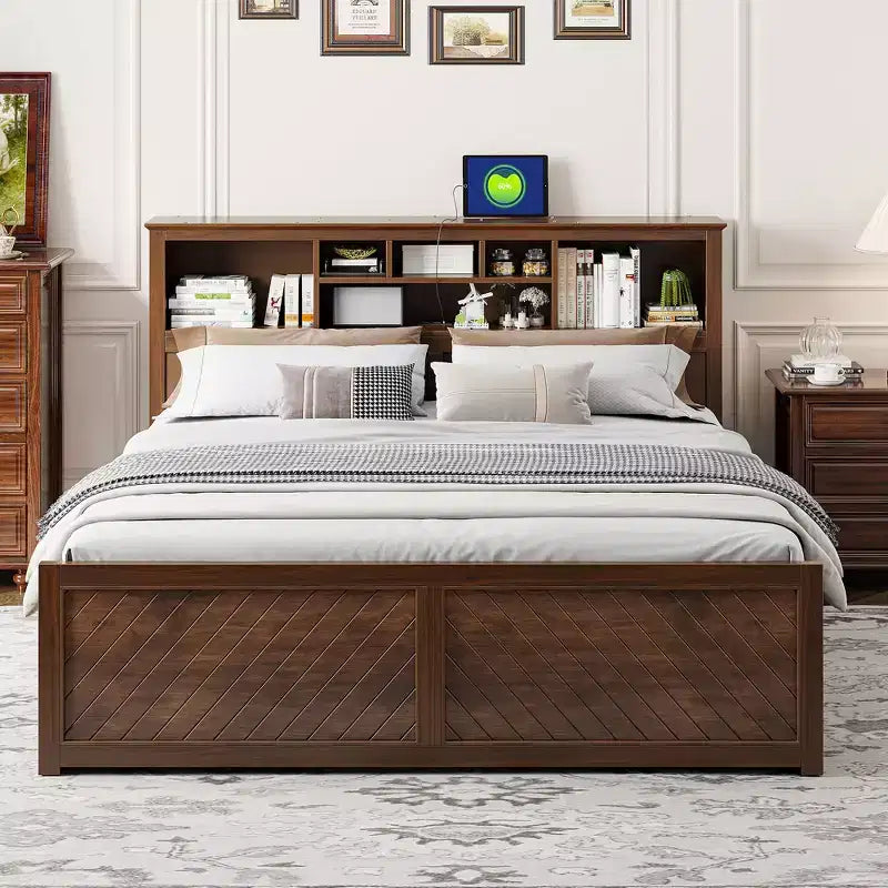 FAMYYT King Size Wood Platform Bed with Multi-storage Headboard, USB and Drawers, Easy Assembly