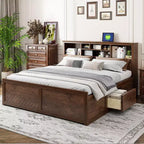 FAMYYT Lit plateforme en bois king size avec tête de lit multi-rangements, USB et tiroirs, montage facile