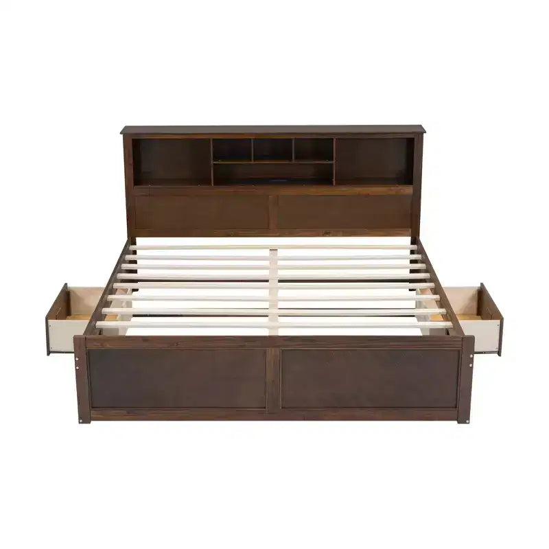 FAMYYT Lit plateforme en bois king size avec tête de lit multi-rangements, USB et tiroirs, montage facile
