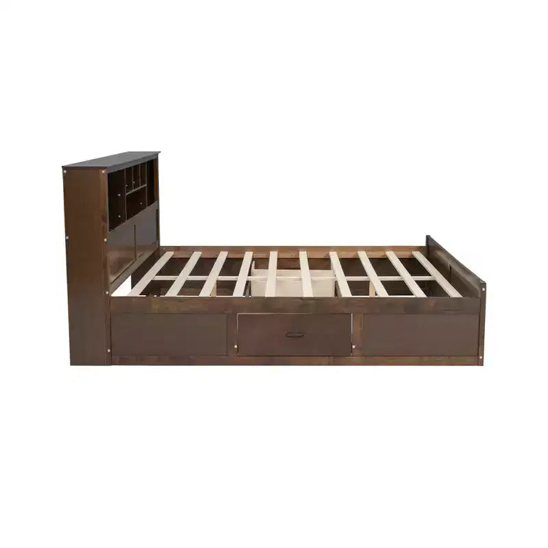 FAMYYT Lit plateforme en bois king size avec tête de lit multi-rangements, USB et tiroirs, montage facile
