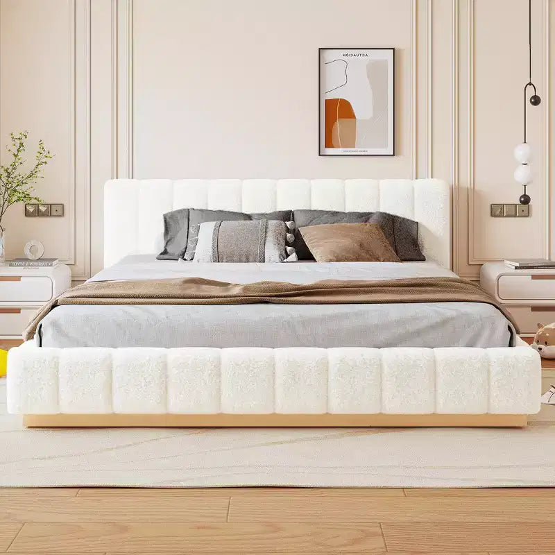 Cadre de lit plateforme Queen/King Size, Lit bas rembourré en Boucle avec base en bois pour chambre à coucher, appartement - ModernLuxe