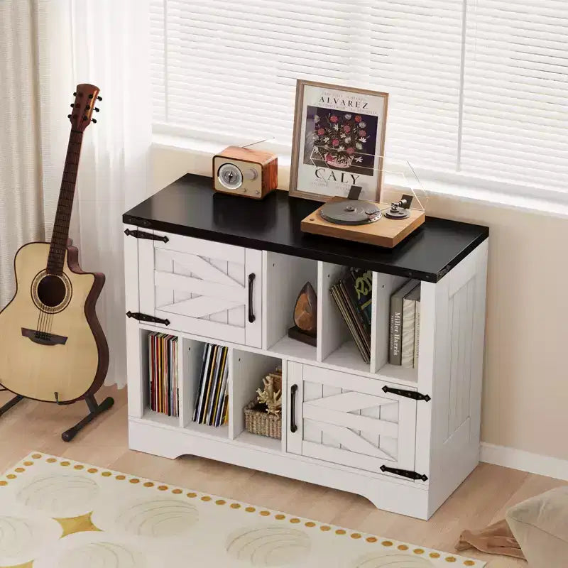 Grand meuble de rangement pour vinyles, peut contenir plus de 450 albums, meuble pour platine vinyle en bois de style ferme de 99 cm avec portes coulissantes, console multimédia pour platine vinyle pour le salon.