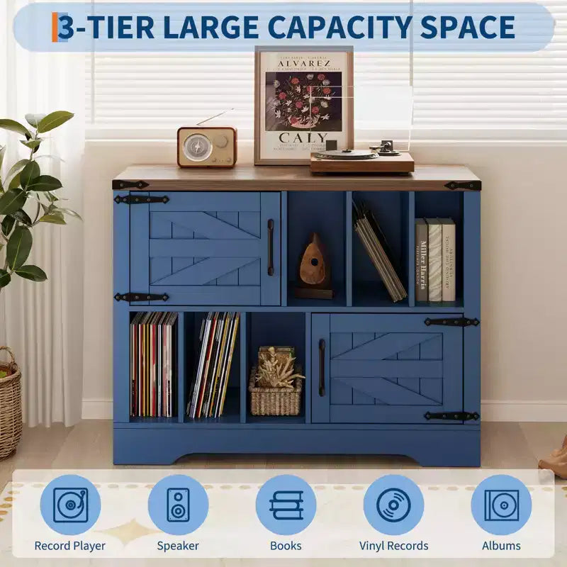 Grand meuble de rangement pour vinyles, peut contenir plus de 450 albums, meuble pour platine vinyle en bois de style ferme de 99 cm avec portes coulissantes, console multimédia pour platine vinyle pour le salon.