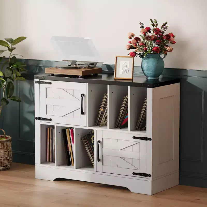 Grand meuble de rangement pour vinyles, peut contenir plus de 450 albums, meuble pour platine vinyle en bois de style ferme de 99 cm avec portes coulissantes, console multimédia pour platine vinyle pour le salon.
