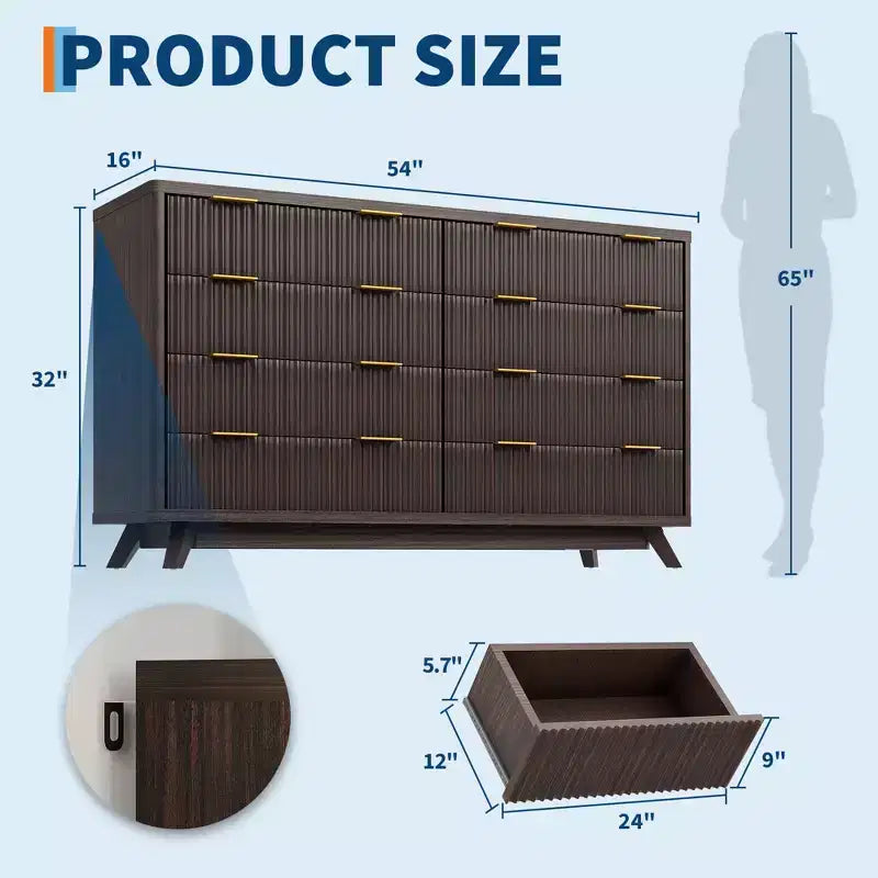 Commode 8 tiroirs cannelée pour chambre à coucher, commode moderne de 54 po de large - Meuble de rangement en bois pour la maison