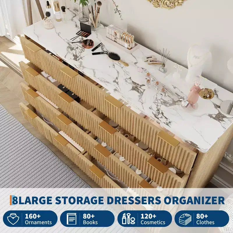 Commode 8 tiroirs cannelée pour chambre à coucher, commode moderne de 54 po de large - Meuble de rangement en bois pour la maison