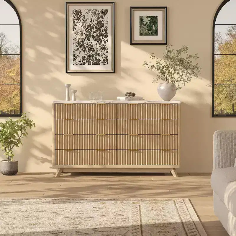 Commode 8 tiroirs cannelée pour chambre à coucher, commode moderne de 54 po de large - Meuble de rangement en bois pour la maison
