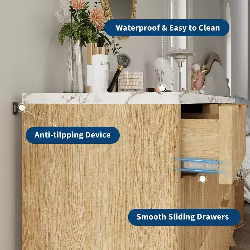 Commode 8 tiroirs cannelée pour chambre à coucher, commode moderne de 54 po de large - Meuble de rangement en bois pour la maison