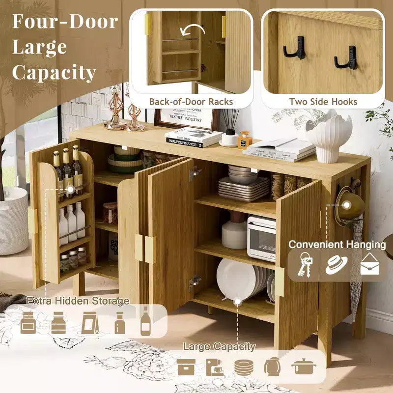 GDFStudio Flores Meuble de Rangement Moderne 57,5, Meuble Buffet 4 Portes avec Crochets Latéraux