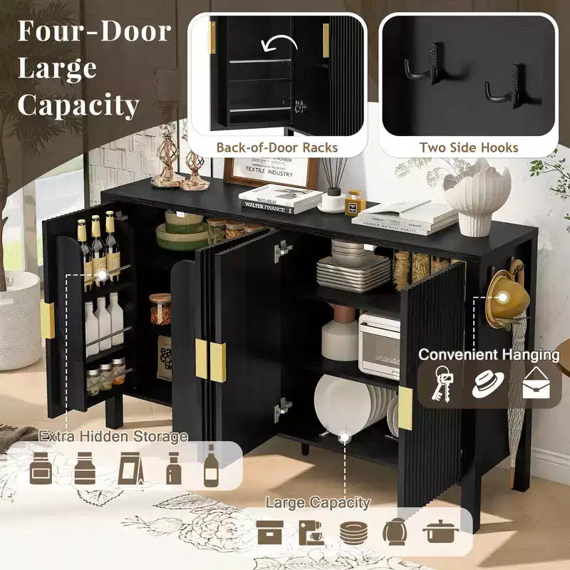 GDFStudio Flores Meuble de Rangement Moderne 57,5, Meuble Buffet 4 Portes avec Crochets Latéraux