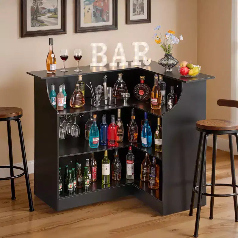 Meuble de bar d'intérieur VEVOR, bar à vin en forme de L à 4 niveaux avec étagères de rangement, porte-verres à vin, capacité maximale de 136 kg, armoire à liqueur en bois, noir
