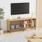 Meuble TV Industriel Moderne pour Téléviseur 65 Pouces - Meuble de Divertissement 63" en Bois et Métal avec Portes Coulissantes en Maille et Pieds Métalliques Robustes