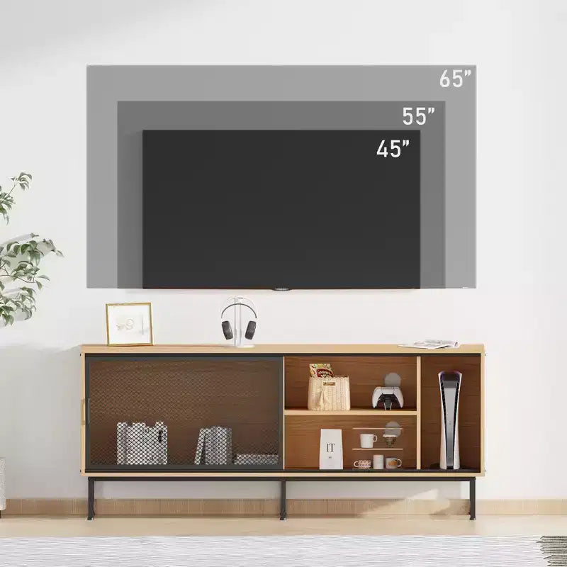 Meuble TV Industriel Moderne pour Téléviseur 65 Pouces - Meuble de Divertissement 63" en Bois et Métal avec Portes Coulissantes en Maille et Pieds Métalliques Robustes