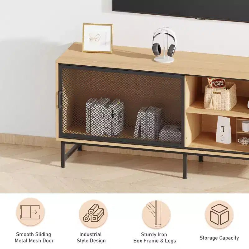 Meuble TV Industriel Moderne pour Téléviseur 65 Pouces - Meuble de Divertissement 63" en Bois et Métal avec Portes Coulissantes en Maille et Pieds Métalliques Robustes