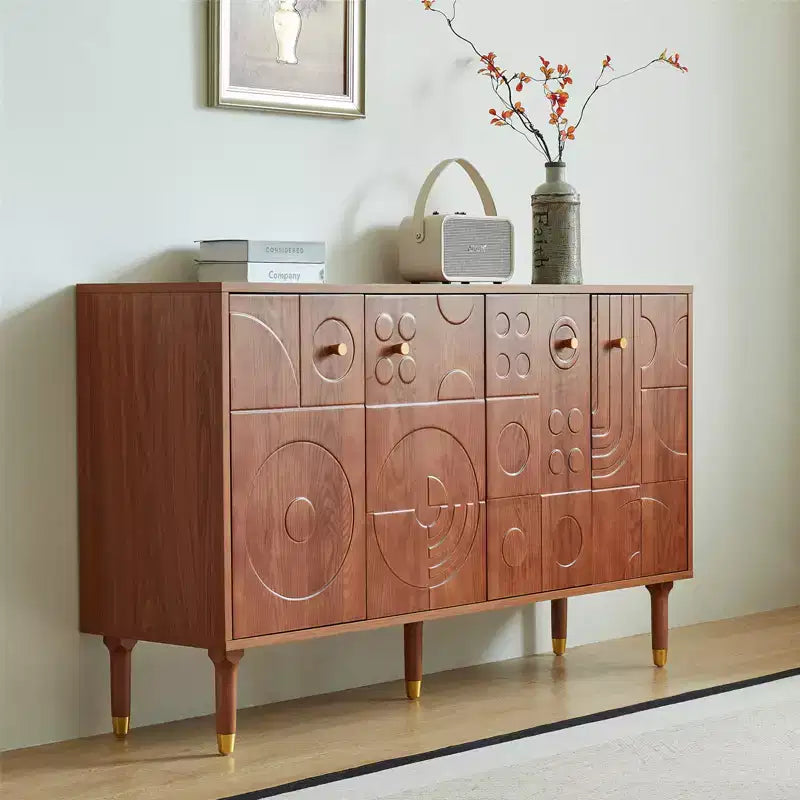 Meuble TV/multimédia rétro JVNOXK de 150 cm, noyer avec portes sculptées géométriques (convient aux téléviseurs de 65 pouces)