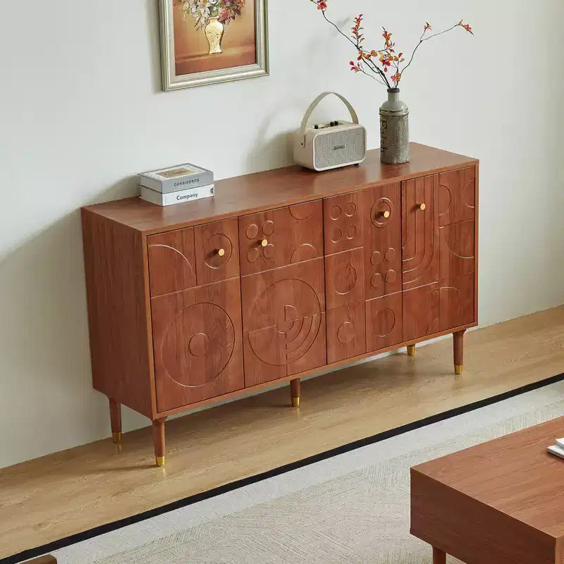 Meuble TV/multimédia rétro JVNOXK de 150 cm, noyer avec portes sculptées géométriques (convient aux téléviseurs de 65 pouces)