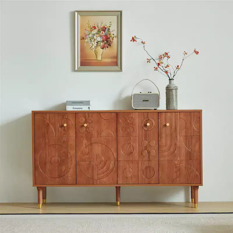 Meuble TV/multimédia rétro JVNOXK de 150 cm, noyer avec portes sculptées géométriques (convient aux téléviseurs de 65 pouces)