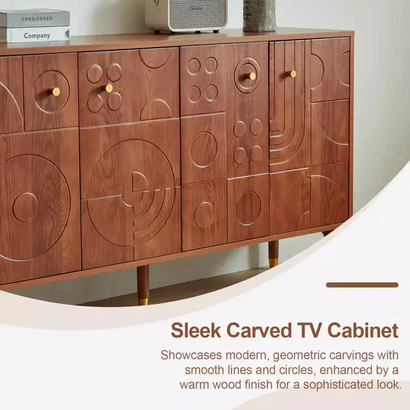 Meuble TV/multimédia rétro JVNOXK de 150 cm, noyer avec portes sculptées géométriques (convient aux téléviseurs de 65 pouces)