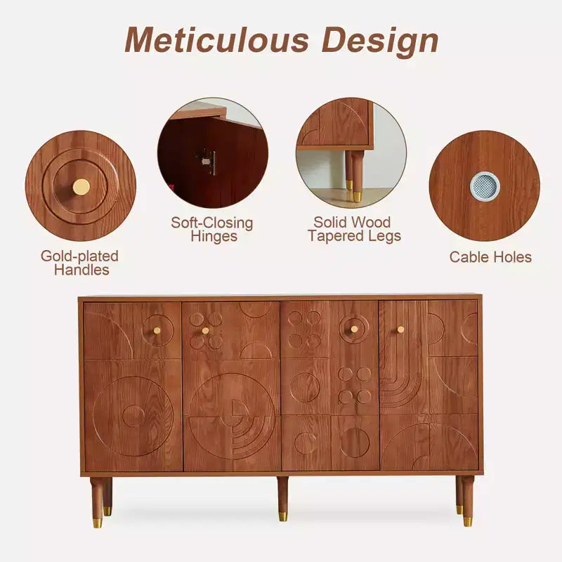 Meuble TV/multimédia rétro JVNOXK de 150 cm, noyer avec portes sculptées géométriques (convient aux téléviseurs de 65 pouces)