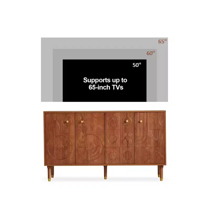 Meuble TV/multimédia rétro JVNOXK de 150 cm, noyer avec portes sculptées géométriques (convient aux téléviseurs de 65 pouces)