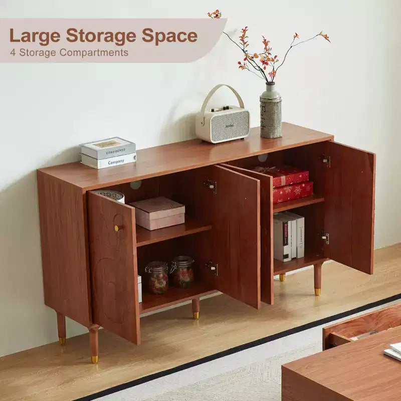 Meuble TV/multimédia rétro JVNOXK de 150 cm, noyer avec portes sculptées géométriques (convient aux téléviseurs de 65 pouces)