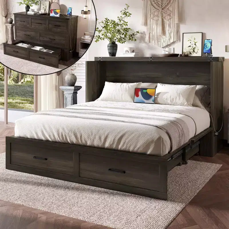 Lit plateforme pliable FAMYYT Queen Size avec station de recharge, tiroir de rangement, montage facile