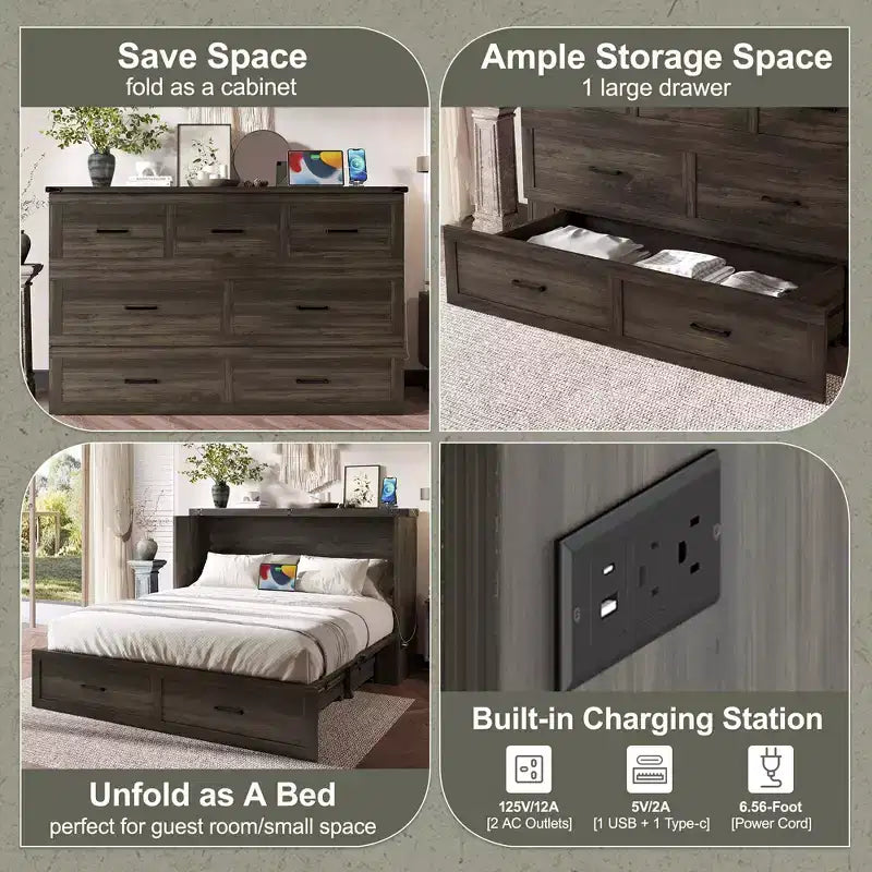 Lit plateforme pliable FAMYYT Queen Size avec station de recharge, tiroir de rangement, montage facile