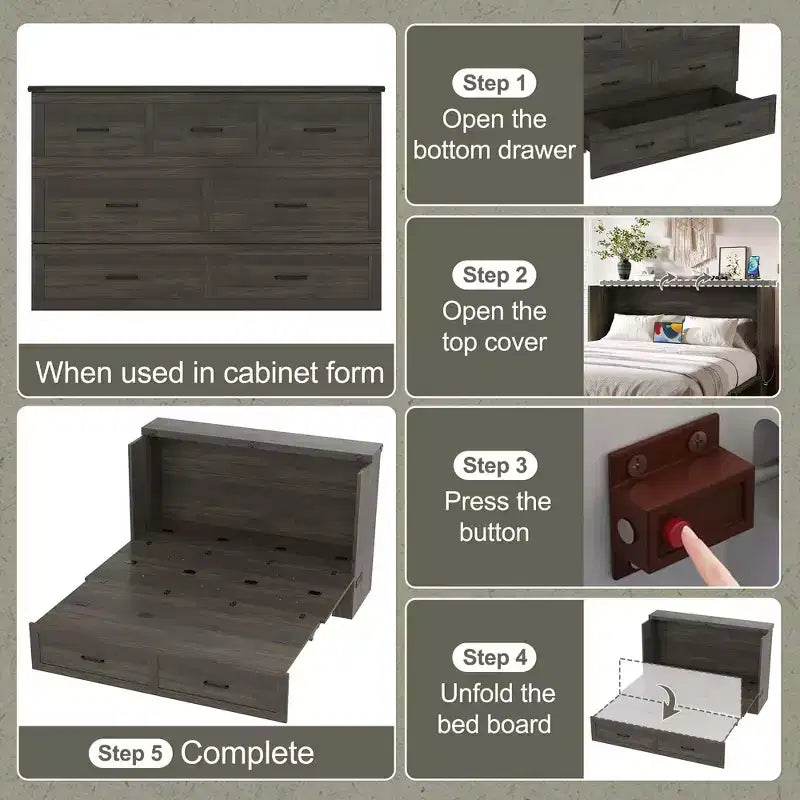 Lit plateforme pliable FAMYYT Queen Size avec station de recharge, tiroir de rangement, montage facile