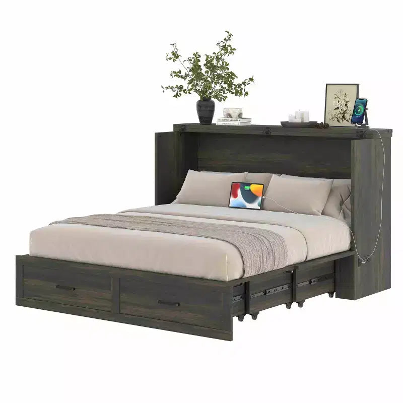 Lit plateforme pliable FAMYYT Queen Size avec station de recharge, tiroir de rangement, montage facile