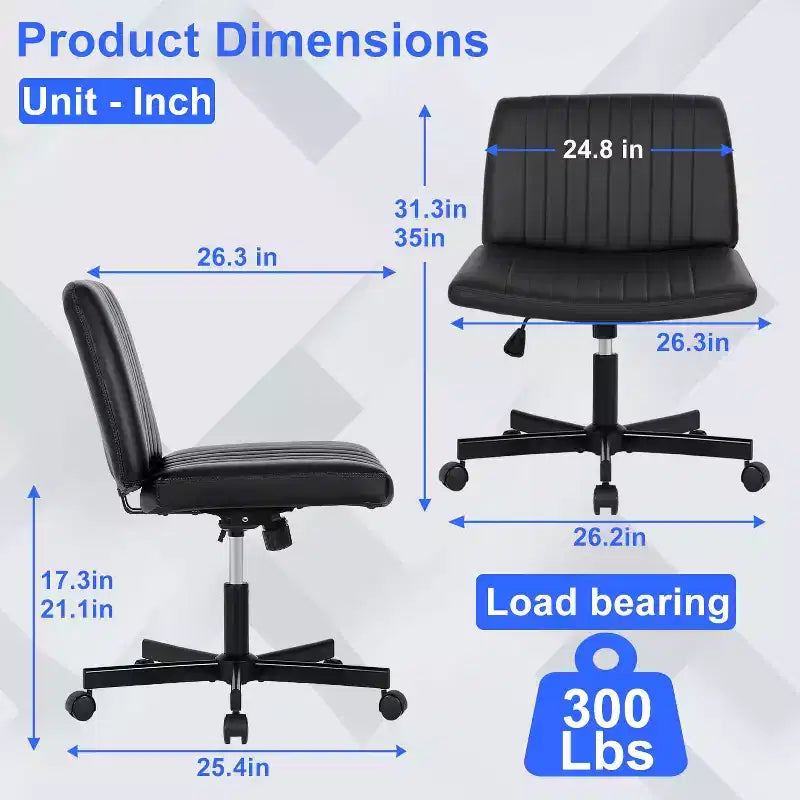 BestMassage Chaise croisée à roulettes, sans accoudoirs, chaise de bureau pivotante réglable en hauteur avec large assise rembourrée pour bureau à domicile