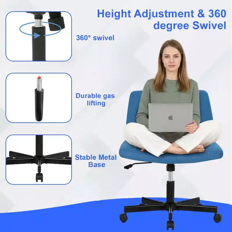 BestMassage Chaise croisée à roulettes, sans accoudoirs, chaise de bureau pivotante réglable en hauteur avec large assise rembourrée pour bureau à domicile