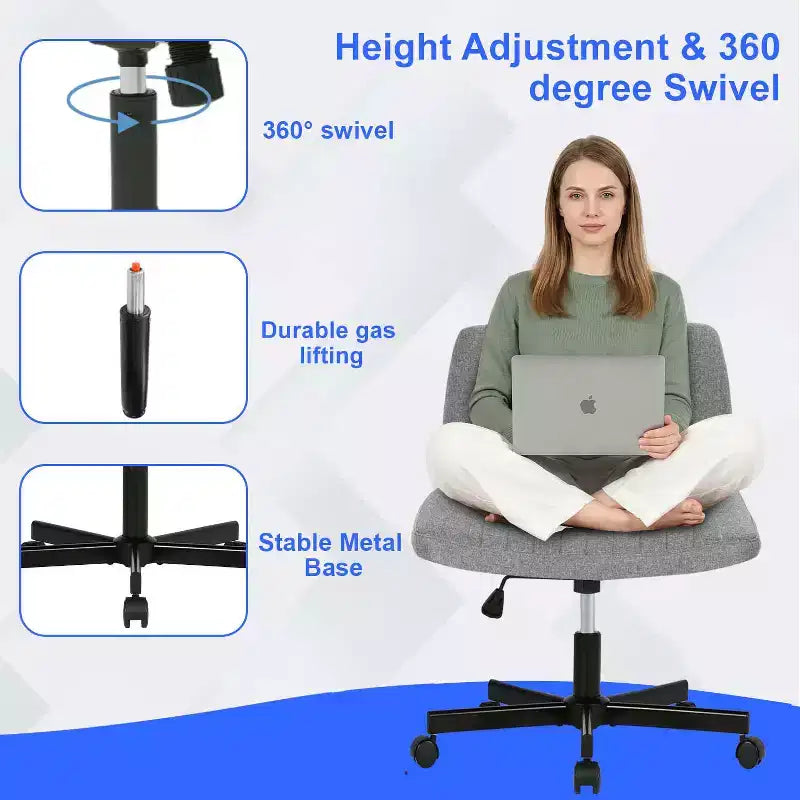BestMassage Chaise croisée à roulettes, sans accoudoirs, chaise de bureau pivotante réglable en hauteur avec large assise rembourrée pour bureau à domicile