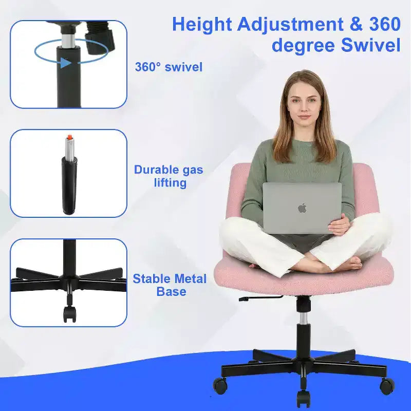 BestMassage Chaise croisée à roulettes, sans accoudoirs, chaise de bureau pivotante réglable en hauteur avec large assise rembourrée pour bureau à domicile