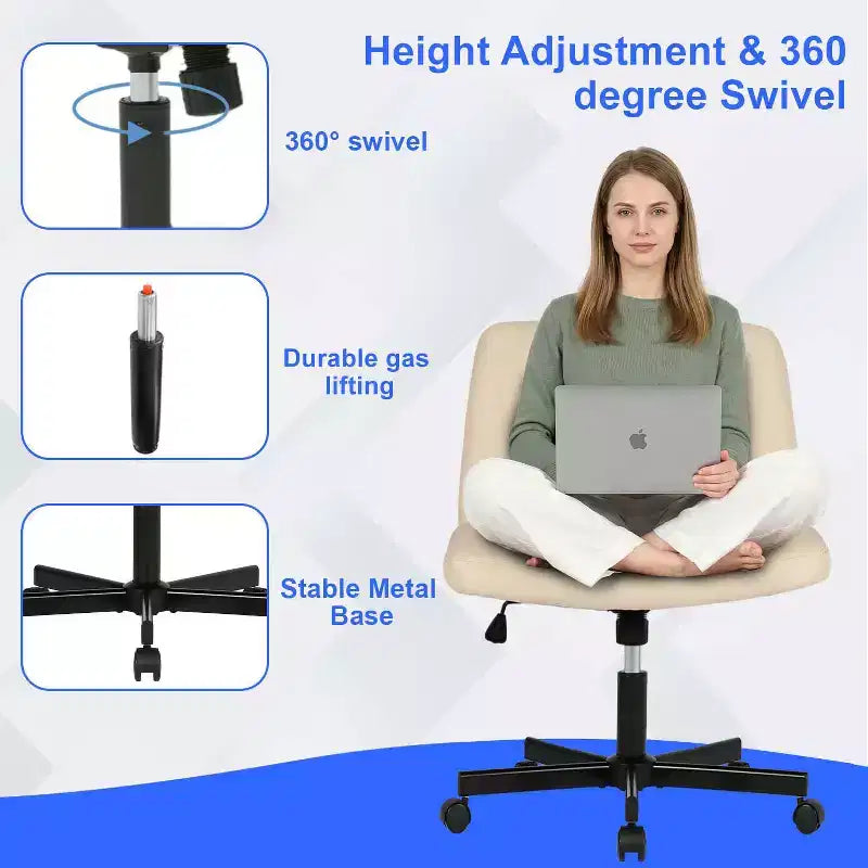 BestMassage Chaise croisée à roulettes, sans accoudoirs, chaise de bureau pivotante réglable en hauteur avec large assise rembourrée pour bureau à domicile
