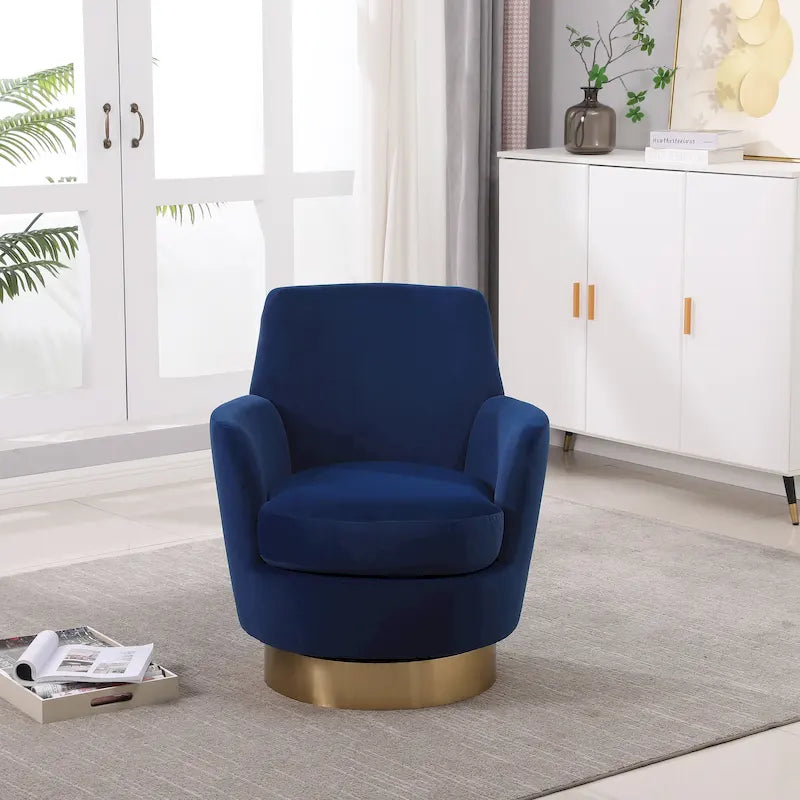 Fauteuil pivotant cylindrique rembourré en velours bleu marine 29.3 avec base en acier inoxydable