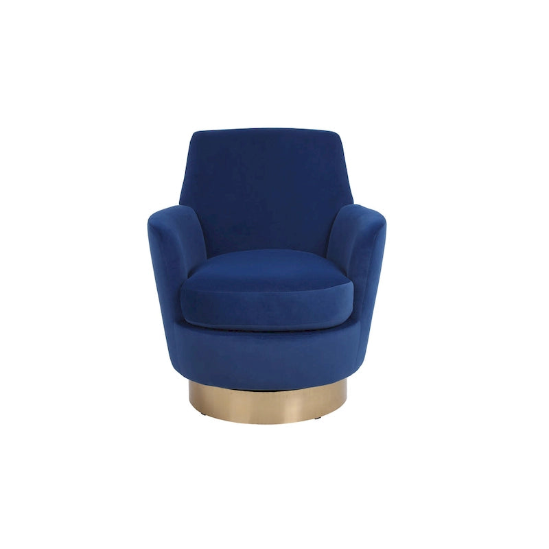 Fauteuil pivotant cylindrique rembourré en velours bleu marine 29.3 avec base en acier inoxydable