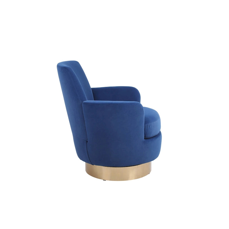 Fauteuil pivotant cylindrique rembourré en velours bleu marine 29.3 avec base en acier inoxydable