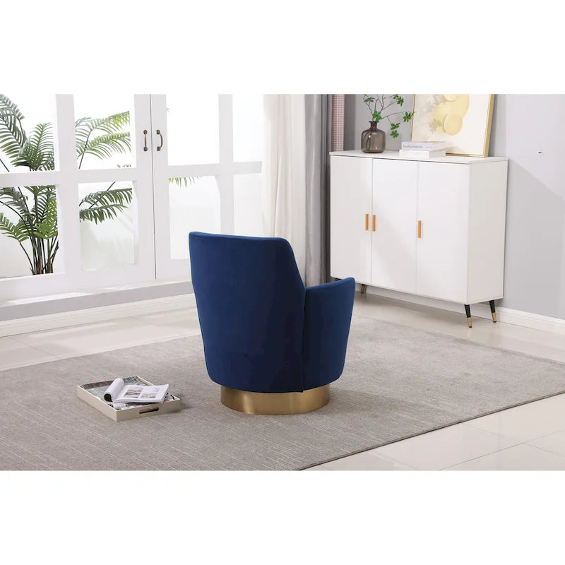 Fauteuil pivotant cylindrique rembourré en velours bleu marine 29.3 avec base en acier inoxydable