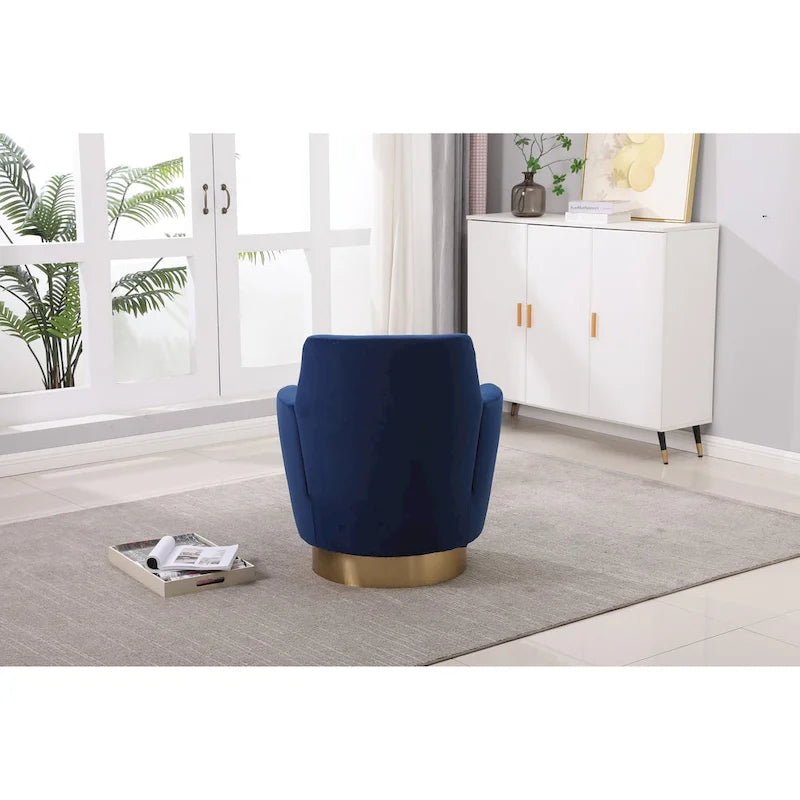 Fauteuil pivotant cylindrique rembourré en velours bleu marine 29.3 avec base en acier inoxydable