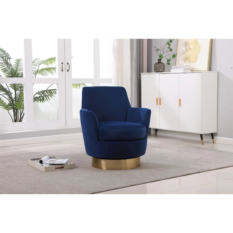 Fauteuil pivotant cylindrique rembourré en velours bleu marine 29.3 avec base en acier inoxydable