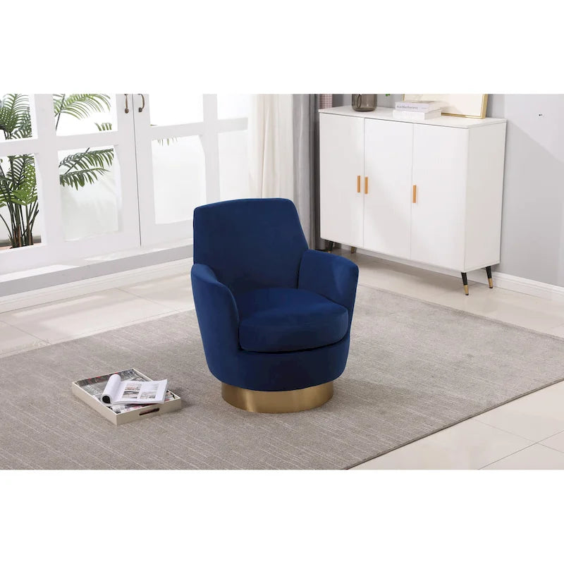 Fauteuil pivotant cylindrique rembourré en velours bleu marine 29.3 avec base en acier inoxydable