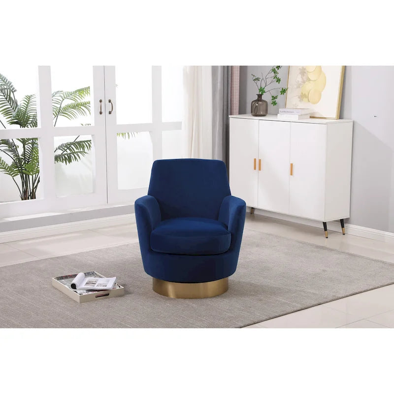 Fauteuil pivotant cylindrique rembourré en velours bleu marine 29.3 avec base en acier inoxydable