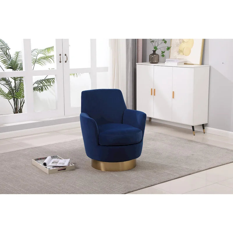 Fauteuil pivotant cylindrique rembourré en velours bleu marine 29.3 avec base en acier inoxydable