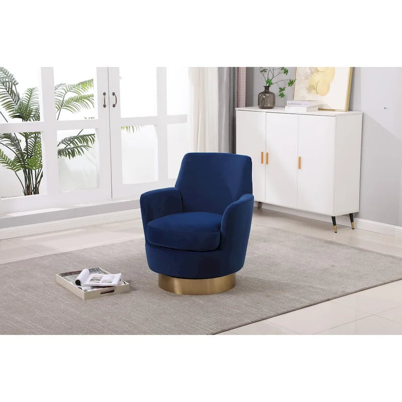 Fauteuil pivotant cylindrique rembourré en velours bleu marine 29.3 avec base en acier inoxydable