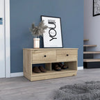 Banc de rangement, étagère inférieure, deux tiroirs, finition chêne clair