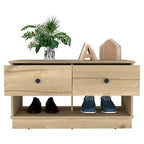 Banc de rangement, étagère inférieure, deux tiroirs, finition chêne clair