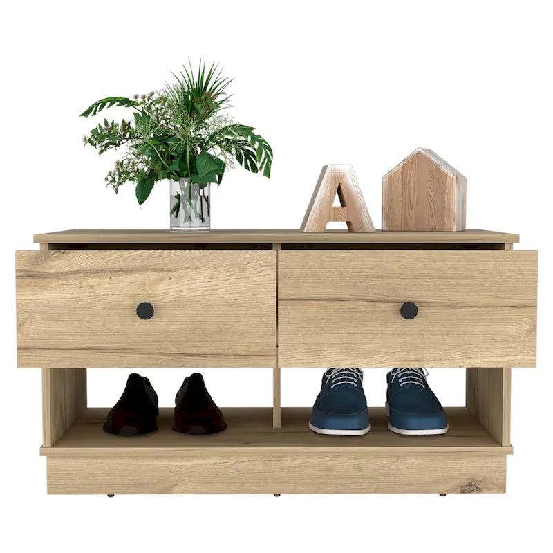 Banc de rangement, étagère inférieure, deux tiroirs, finition chêne clair