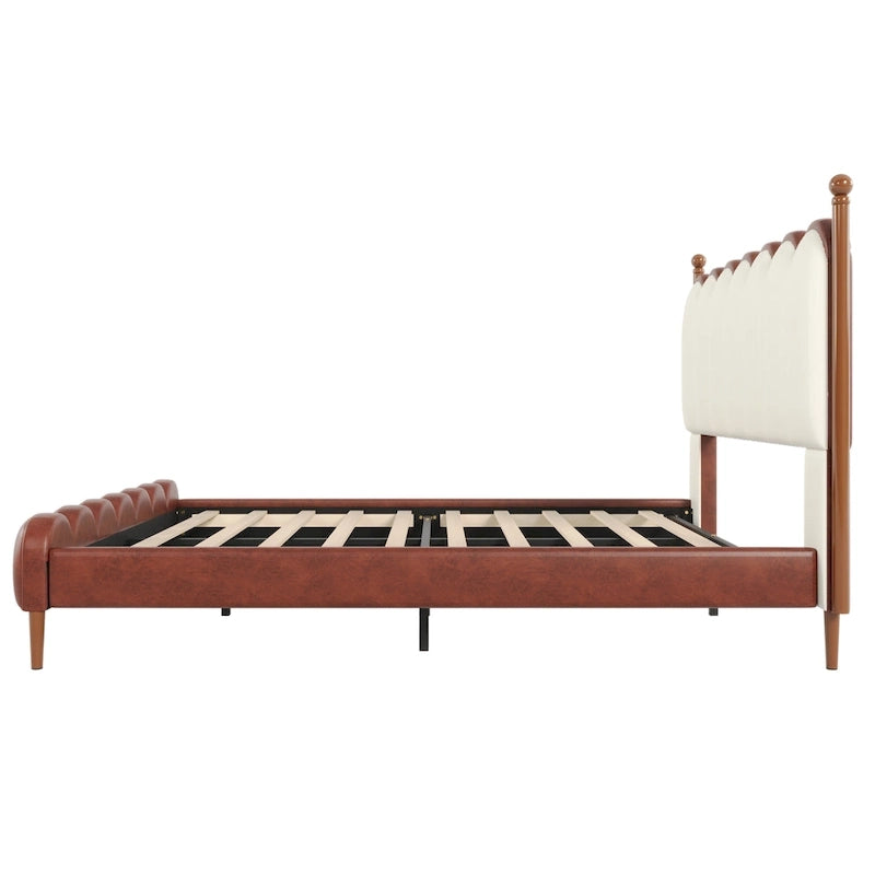 Lit tapissier en cuir avec tête et pied de lit, lattes et pieds en bois massif